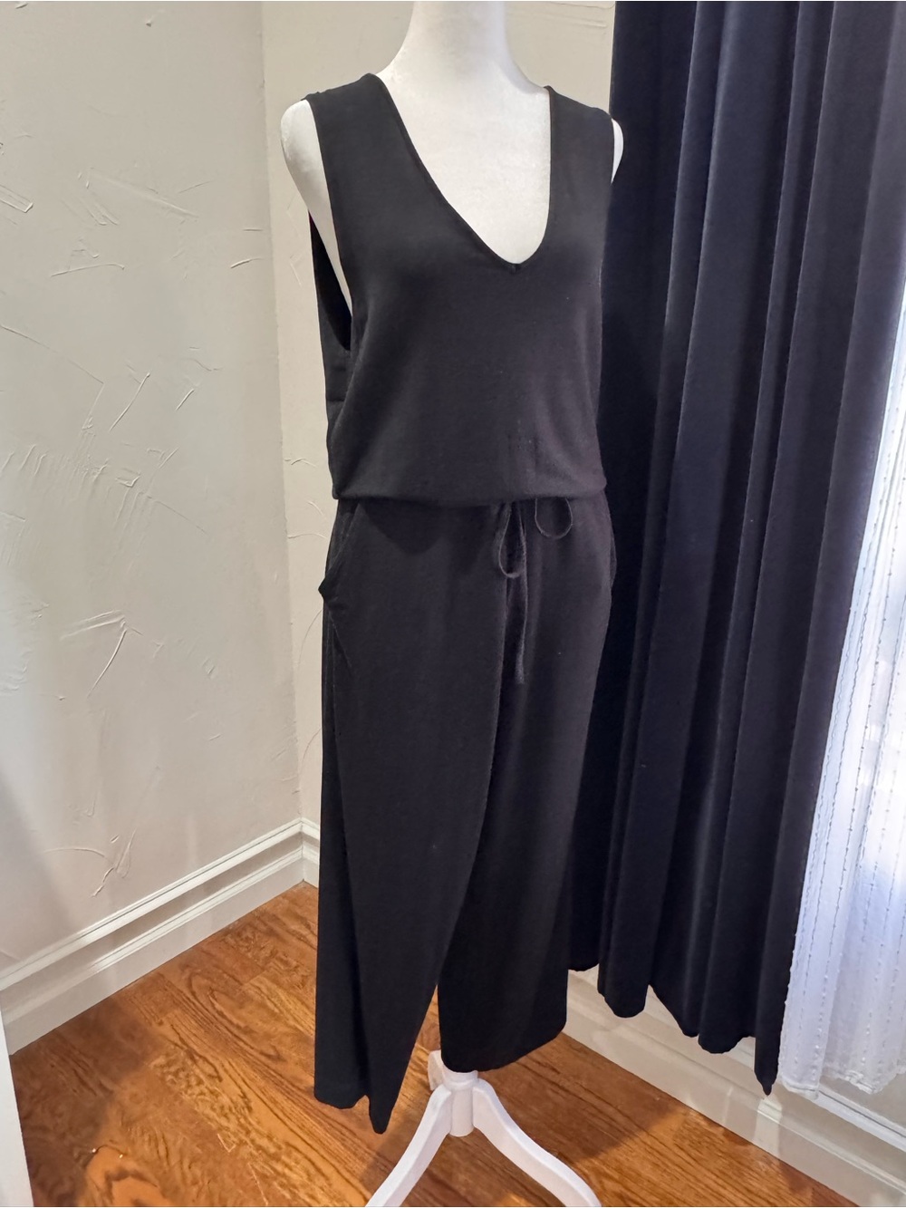 Quince French Terry Black Sleeveless V-Neck Jumpsuit